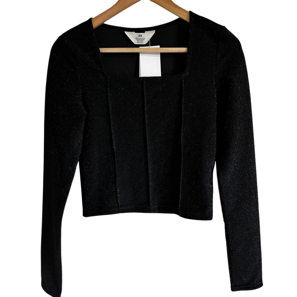 H&M Sparkle Top Square Neck Long Sleeve Party Black‎ Size 20